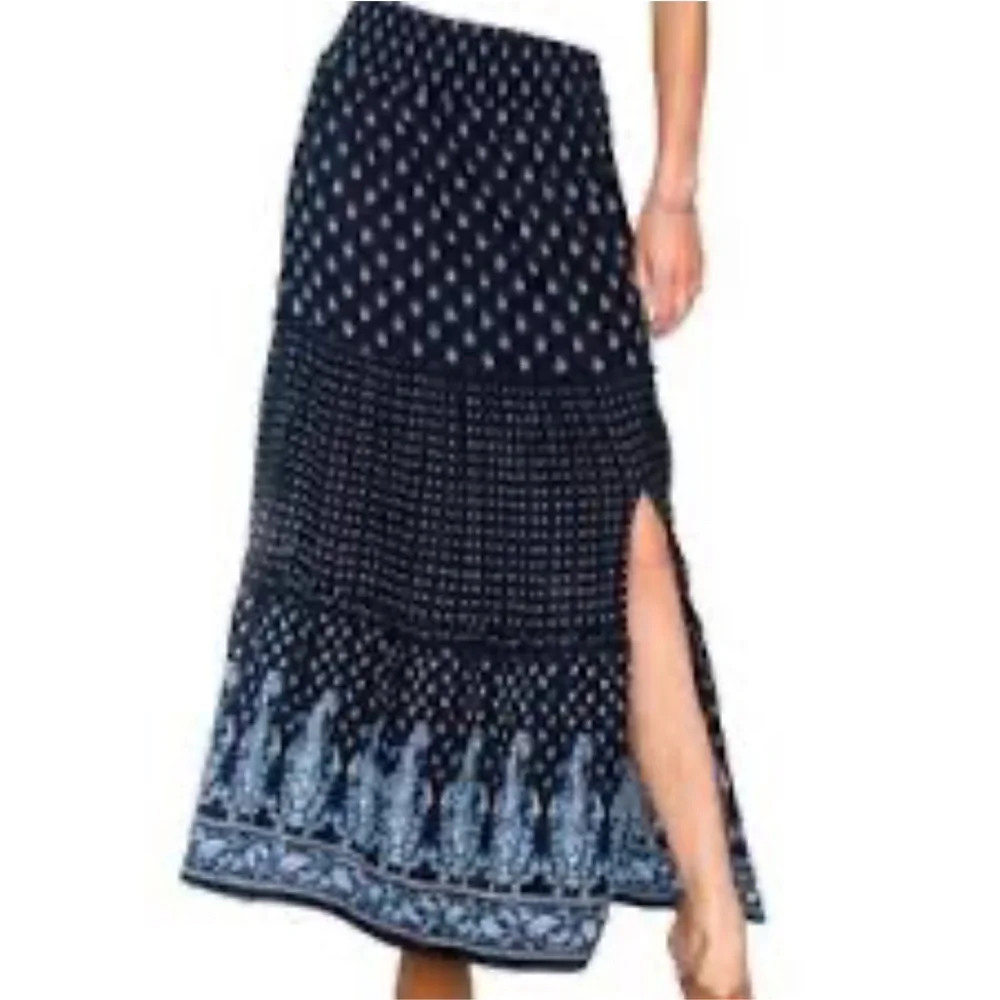 NEW! BILA Nola Tiered Maxi Skirt Boho Indian Block Print Blue Paisley Size L